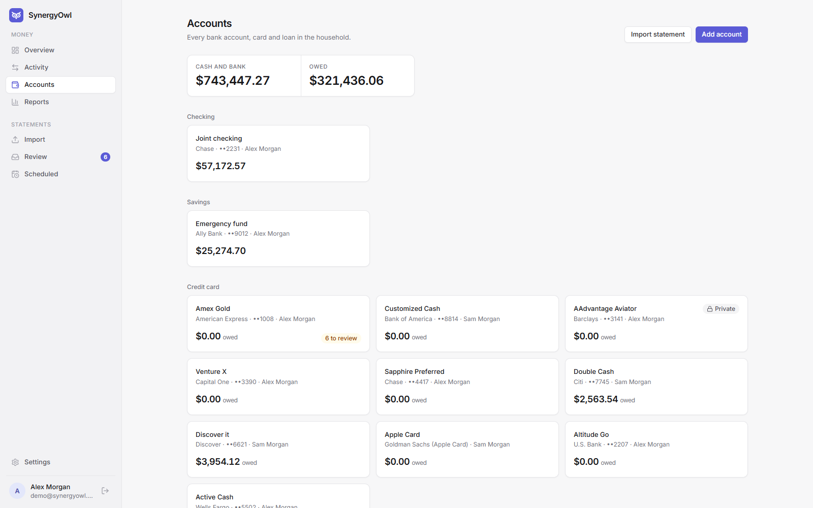 The SynergyOwl accounts page listing checking, savings, credit cards and loans with balances, who holds each one, and a private badge on personal accounts.